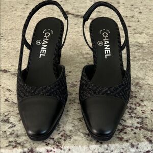 CHANEL Black Tweed Slingback Heels